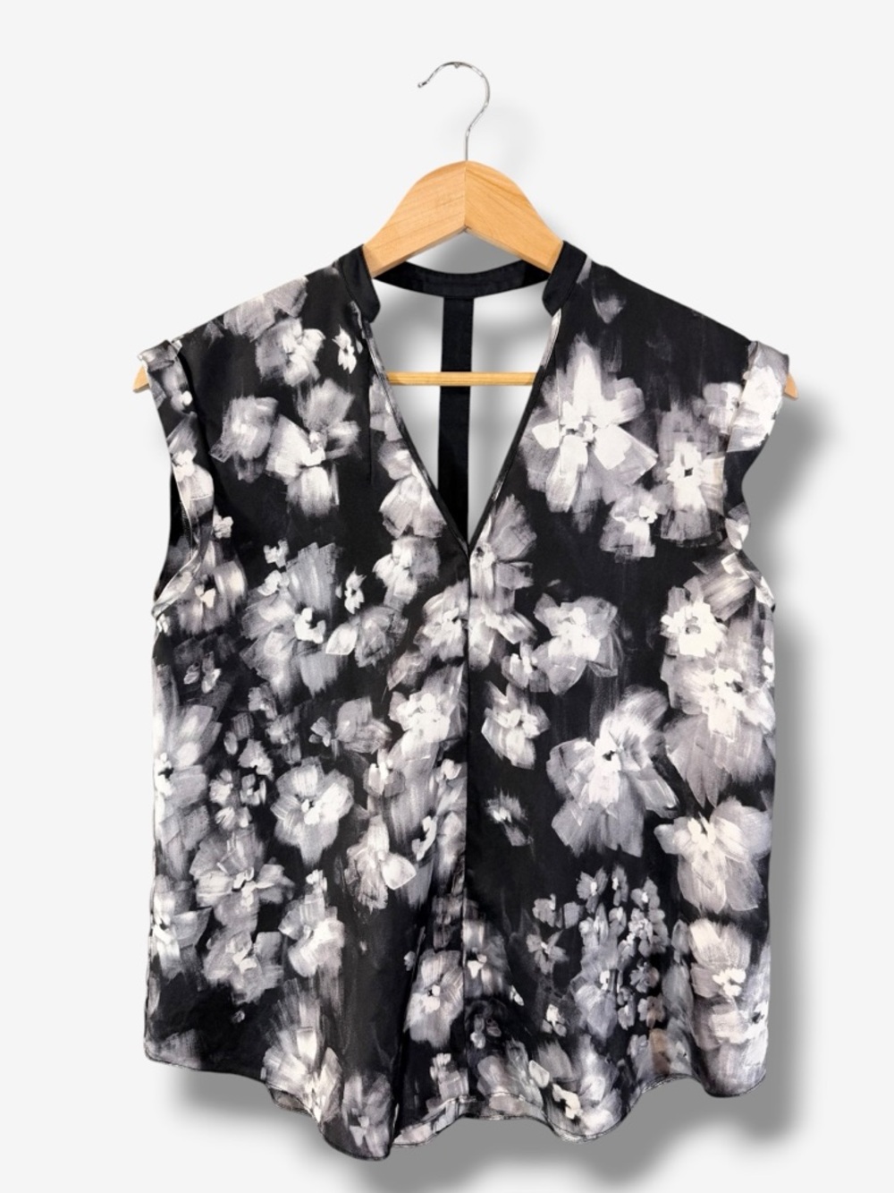 Rebecca Taylor Silk Blouse Size 2 Black Gray Floral T Strap Back Watercolor